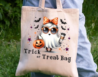 May include: A beige tote bag with a cartoon ghost wearing sunglasses and a bow, holding a pumpkin and a cup of coffee. The bag has the text "Trick or Treat Bag" printed on it.
