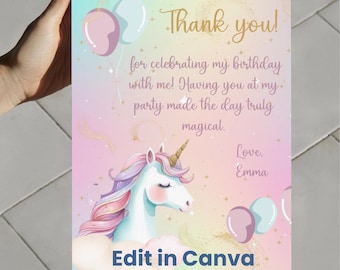 Unicorn Thank You Card Editable , Printable Birthday Party Favor, Pastel Kids Party Supplies