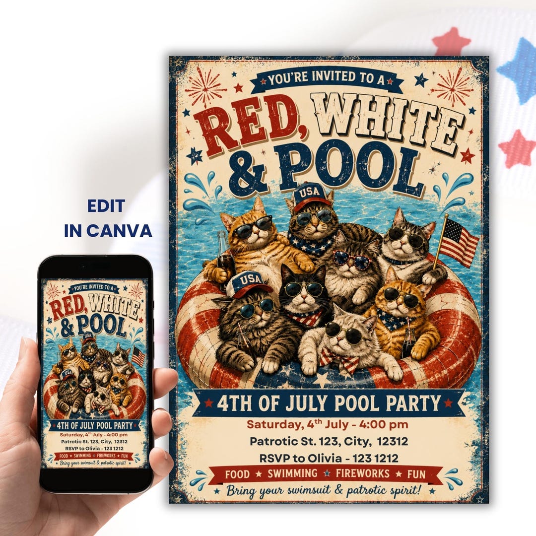 4th of July Pool Party Invitation, Patriotic BBQ Invite, Red White Blue ...