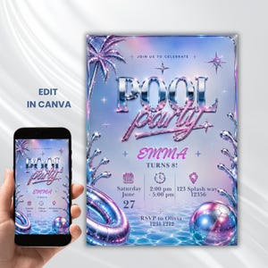 以下が含まれることがあります： POOL party、EMMA TURNS 8というメタリッククロームのテキストと、Saturday June 27、2:00 pm - 5:00 pm、123 Splash way 12356、RSVP to Olivia 1231 1212というイベント詳細が記載された、ヤシの木のグラフィック付きデジタルプールパーティー招待状テンプレート。