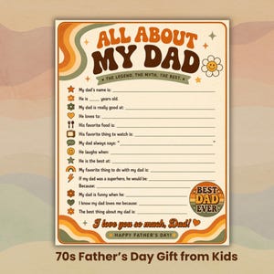 May include: A retro-style Father's Day fill-in-the-blank gift from kids. The design features a warm color palette with the text "All About My Dad" and prompts to describe their dad. Includes the text "Happy Father's Day!"