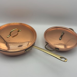 Kokkärlsset i koppar med lock | Non-stick stekpanna i massiv koppar och gratängpanna för två händer | Mässingshandtag, Fransk köksinredning