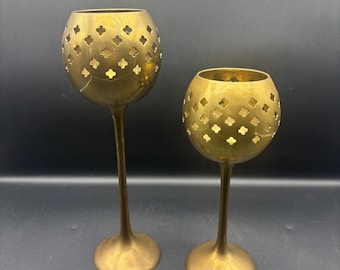 Vintage Tall Brass Goblet Candle Holders, Pair of Cutout Clover Pattern Pedestal Tealight Holders