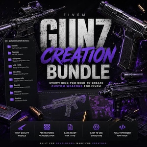 以下が含まれることがあります： FiveM Gunz Creation Bundleのデジタル製品広告。高品質な銃器モデル、4K PBRテクスチャ、テンプレート、YDR/YTDゲームファイル、ハンドリングメタ、武器情報、カスタムサウンド、プレビュー、インストールガイドが含まれています。