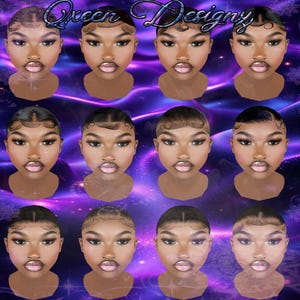 以下が含まれることがあります： さまざまなヘアスタイルを持つ人物の12の様式化された肖像画を特徴とするデジタルアート作品。肖像画は紫と青の背景に対してグリッドパターンで配置されています。「Queen Designz」というテキストが上部にあります。