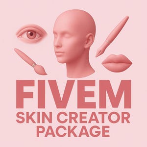 Op de afbeelding: Een roze afbeelding met een menselijk hoofd, oog, lippen en kunstgereedschap. De tekst "FIVE M SKIN CREATOR PACKAGE" wordt weergegeven in een vetgedrukte, roze lettertype tegen een lichtroze achtergrond. De afbeelding heeft een 3D-renderingstijl.