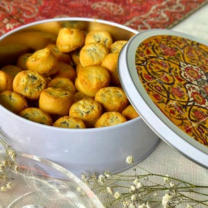 Date-Filled Cookies, Traditional Bite-Sized Naan Khormaei, Handmade Sweets in Tin Box, Bite-Sized Traditional Treats, نان خرمایی