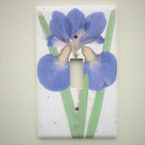 May include: A white light switch cover with a pressed flower design of a purple iris with green leaves.