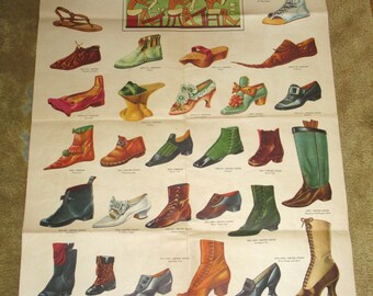 1920's Poster "Shoes thru the Ages" International Shoe Co - Red Goose - Parrot - Weather Bird Shoes education fashion display advertisement