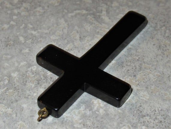 vintage black bakelite large Cross Pendant - image 4