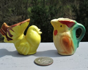 two mini pottery Bird vintage creamer pitcher Parrot & Dove miniature vase