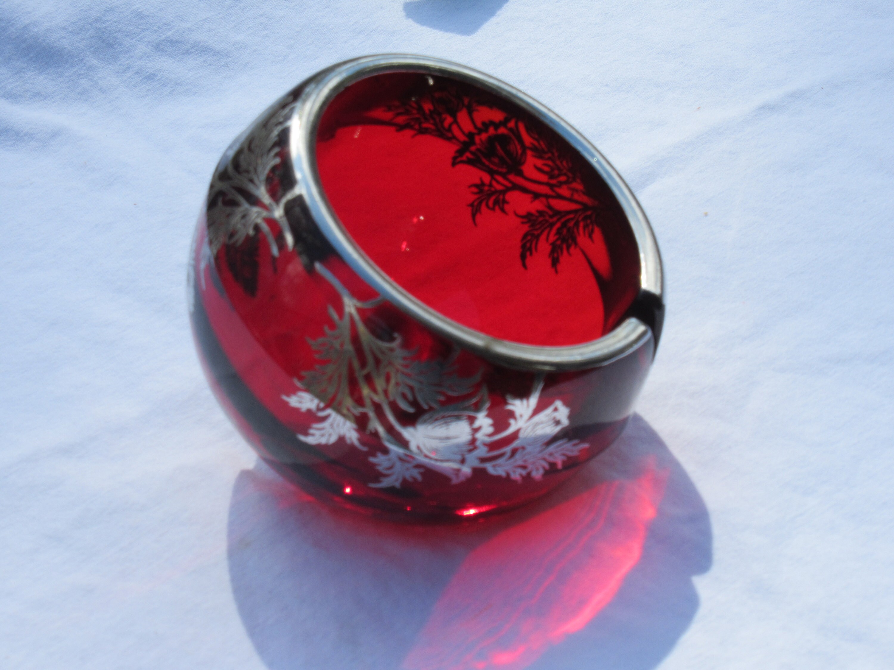 Viking Glass Ruby Red With Sterling Silver Floral Overlay