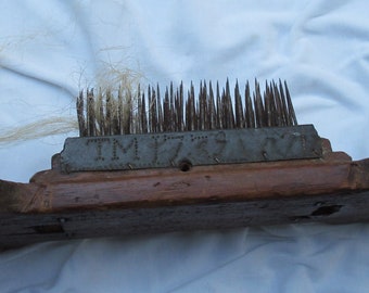 signed 1739 Flax hemp linen plant fiber Northeast USA Carder comb Hatchel Hetchel carved hard wood folk art heart handles punched tin ooak