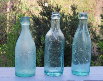 3 antique Newark NJ soda beer BOTTLES Hensler Brewing, Hoffman & Sons, Beach Litchfield blob top New Jersey Glass Bottle