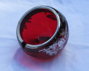 Viking Glass Ruby Red With Sterling Silver Floral Overlay