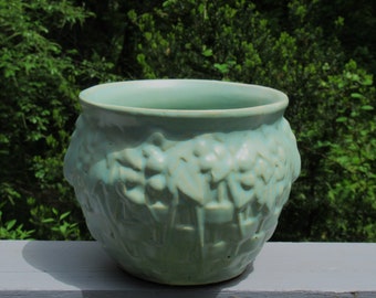 McCoy Pottery Jardiniere basketweave leaves & berries aqua turquoise flower pot planter