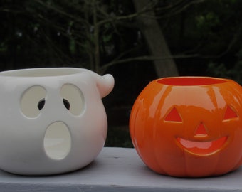 2 vintage Halloween Autumn candle holders GHOST & Jack-O-Lantern PUMPKIN