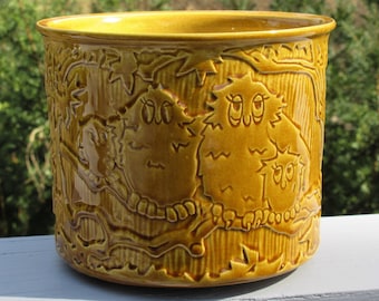 Owl Family with baby owlets carved large Flower Pot Haeger Pottery USA butterscotch vintage jardiniere planter #5063