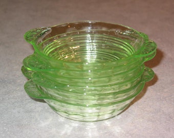 6 green uranium depression glass shell handle berry fruit salad dessert Bowl Anchor Hocking banded optic
