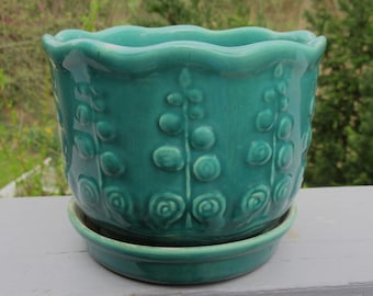 Brush Pottery Sylvan II dsigned by Cusick 1935 -  large Flower Pot aqua blue green stylized floral design planter with attached saucer