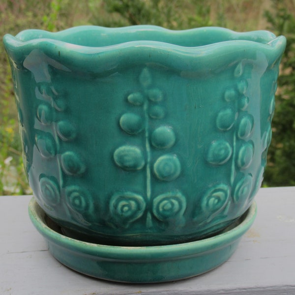 Brush Pottery Sylvan II dsigned by Cusick 1935 -  large Flower Pot aqua blue green stylized floral design planter with attached saucer