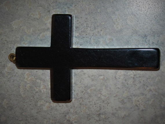 vintage black bakelite large Cross Pendant - image 6