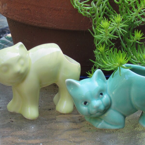 two vintage pottery Cat Planter Vase succulent, cactus, air plant yellow & aqua