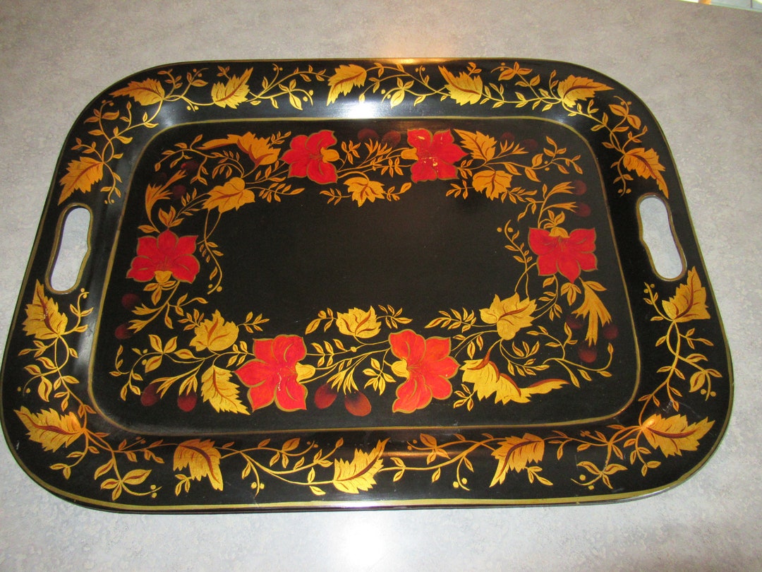 Large Vintage Black Metal TRAY With Handles Hand Painted Tole Etsy