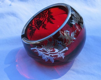 Viking Glass ruby red with sterling silver floral overlay Epic Orb Ashtray