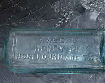 Hales's Honey of Horehound & Tar antique aqua glass Bottle - CN Crittenton - New York - pharmacy tonic throat, digestion