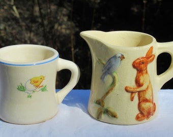 Bunny rabbit, blue bird small Weller Pottery Pitcher & child mug cup with chick egg and egg cup design Easter Spring