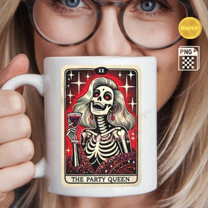 Tarot squelette de la reine de la fête, squelette astucieux, carte de tarot cadeau, ami épris de fête, fête des amateurs d'alcool, cadeau amateur de vin