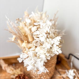 Peut inclure: Un arrangement de fleurs séchées dans un panier en osier. L'arrangement comprend des hortensias blancs, des épis de blé et diverses herbes séchées. Un cône de pin brun est placé devant le panier sur une surface en bois. La palette de couleurs est neutre, avec des tons beiges et blancs.