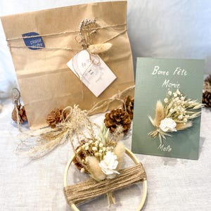 Coffret cadeau maîtresse/ cadeau fin d’année maîtresse, nounou, atsem, suspension fleurs séchées/ Carte Merci maîtresse/ Carte personnalisée