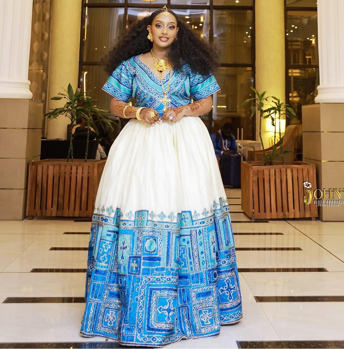 ethiopian traditional dress blue Selamawit Blue Ethiopian Dress | Beaded Short Sleeve Habesha Dress | Traditional Habesha Kemis