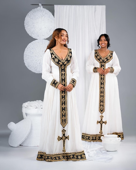 green emerald velvet dress Regal Axum Fetil Handwoven Black and Gold Design Habesha Dress, Zuria, Habesha libs, Habesha kemis, ሀበሻ XL main image 1