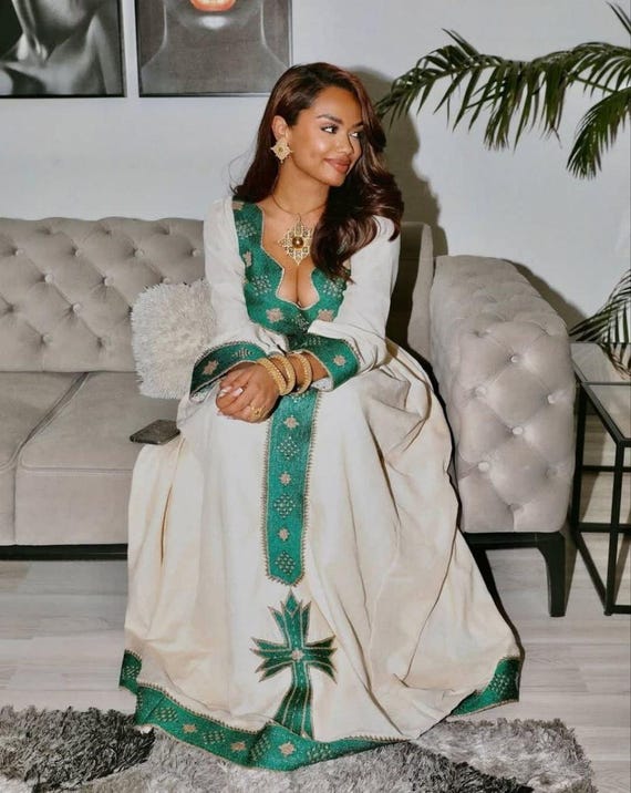 ethiopian cotton dress Ethiopian Dress Traditional White Cotton with Green Borders for Church Ceremonies