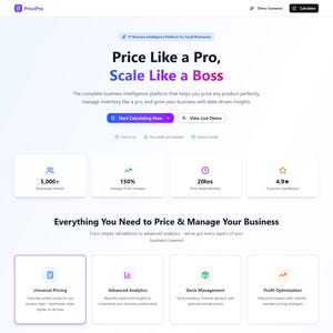 Peut inclure: Interface de site web pour PricePro, une plateforme de business intelligence. La page présente un titre « Price Like a Pro, Scale Like a Boss » et propose des outils de tarification, de gestion des stocks et de croissance des entreprises. Elle comprend des mesures, des fonctionnalités et des témoignages.