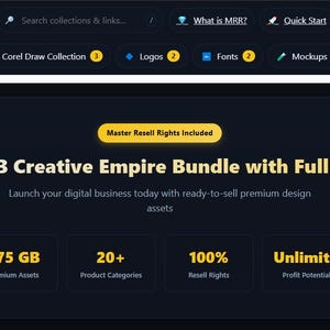 May include: A dark blue website interface promoting a 675 GB Creative Empire Bundle with Master Resell Rights. The interface highlights premium assets, 20+ product categories, 100% resell rights, and unlimited profit potential.