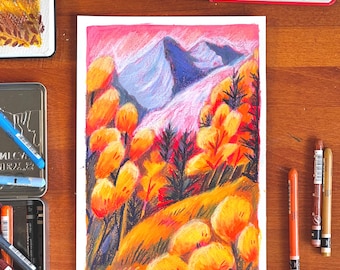 Autumn In The Mountains mixed media landscape art - A5 A4 giclee print for wall decor