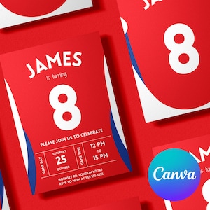 Aanpasbare voetbalkaart | Verjaardagsuitnodiging| Rood-witte voetbalkaart | Digitaal bestand | Canva sjabloon