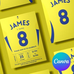 Carte de football personnalisable | Invitation d'anniversaire de style moyen-oriental jaune et bleu | Carte de football numérique | Modèle Canva