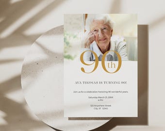 May include: A 90th birthday invitation featuring a photo of a smiling elderly woman. The invitation has gold text that reads "90th" and "Ava Thomas is turning 90!" Additional text includes the date, time, and location of the celebration.