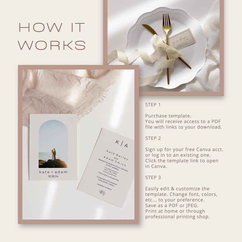 May include: A how-to guide for customizing a wedding invitation template. The guide includes three steps: purchase the template, sign up for a free Canva account, and edit and customize the template. The image shows a wedding invitation template with a photo of a couple standing on a beach.