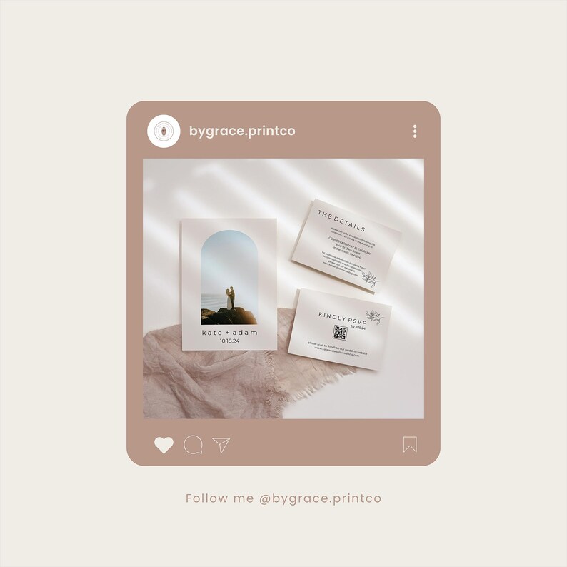 May include: A wedding invitation suite with a minimalist design. The invitation features a photo of a couple standing on a beach with a text overlay that reads "kate + adam 10.18.24". The RSVP card has a QR code and the text "kindly RSVP".