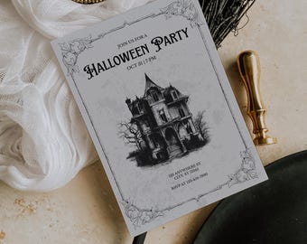 Vintage Haunted House Halloween Invitation: Spooky Adult Party (Editable Canva Template, Digital Download)