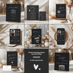 May include: A set of black and white printable signs for a graduation party. The signs include a photo booth sign, a welcome sign, a college fund sign, a soda bar sign, a words of wisdom sign, a graduation date sign, and a sign that says "My next chapter begins at Purdue University".