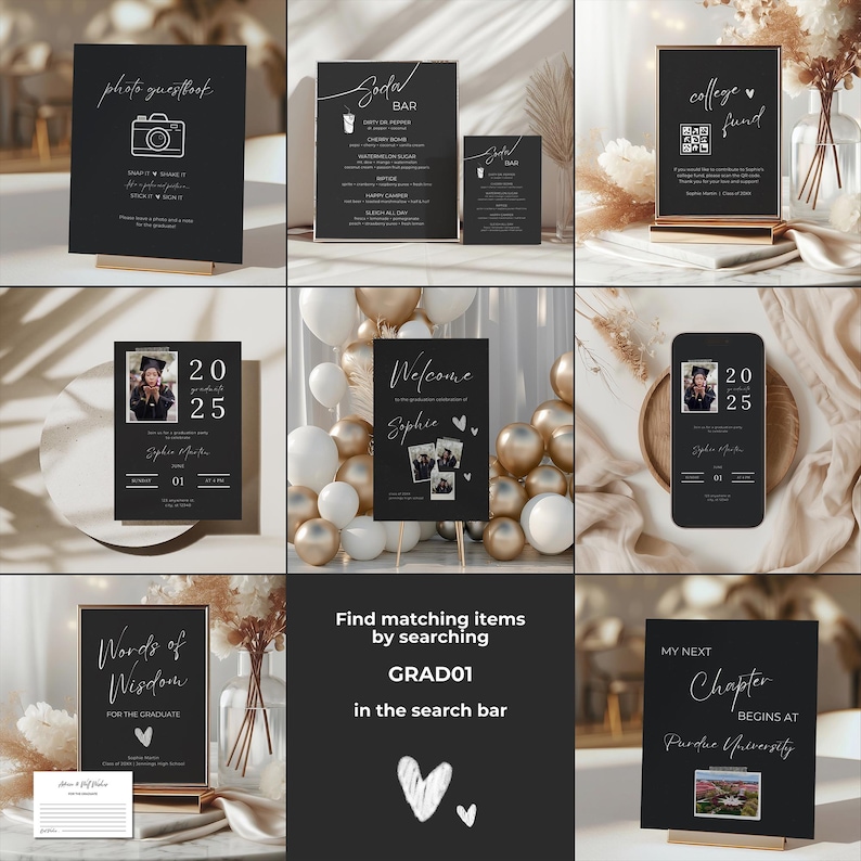 May include: A set of black and white printable signs for a graduation party. The signs include a photo booth sign, a welcome sign, a college fund sign, a soda bar sign, a words of wisdom sign, a graduation date sign, and a sign that says "My next chapter begins at Purdue University".