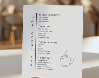 Insegna per bar di cioccolata calda, menu stampabile per bar di cioccolata calda, insegna per bar per matrimoni, segnaletica per matrimoni, festa di Natale, modello di insegna per bar di cioccolata calda