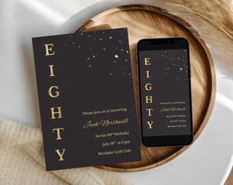 80th Birthday Invitation Template | Editable Eightieth Birthday Invite + Mobile Invite